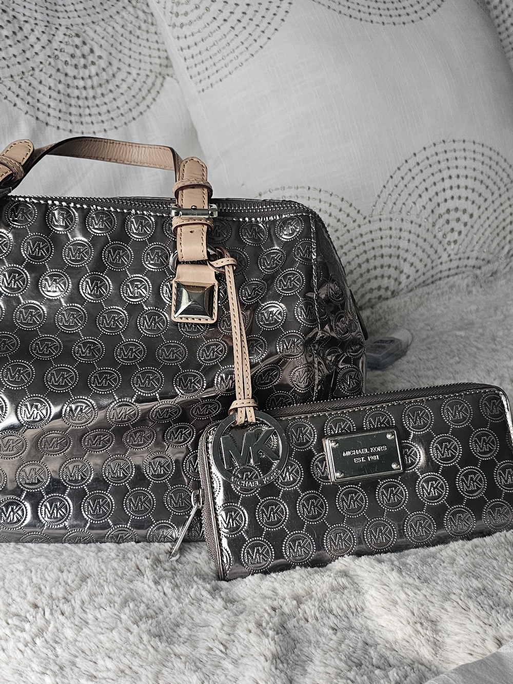 Michael Kors Metallic Gunmetal MK Tote & Wallet Set - Beige Trim